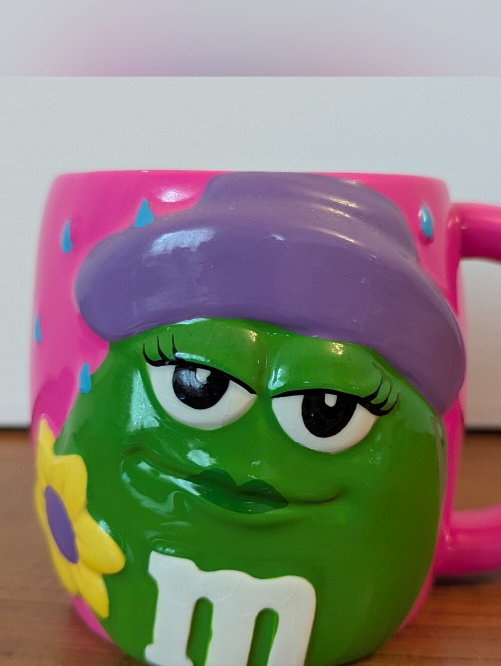 Collectible Mrs. M&M Pink Mug with Green Character and Purple Hat